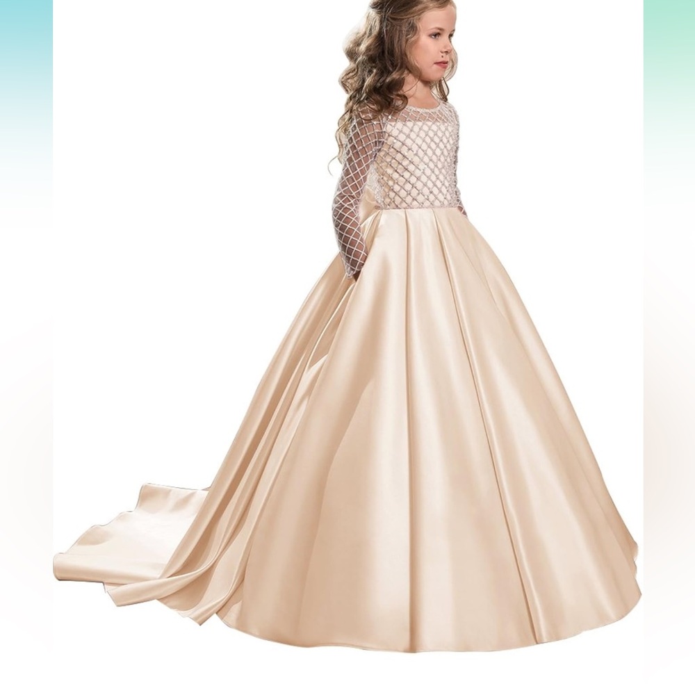 Christmas Flower Girl Dress Floor Length Button Draped Tulle Ball Gowns for Kids